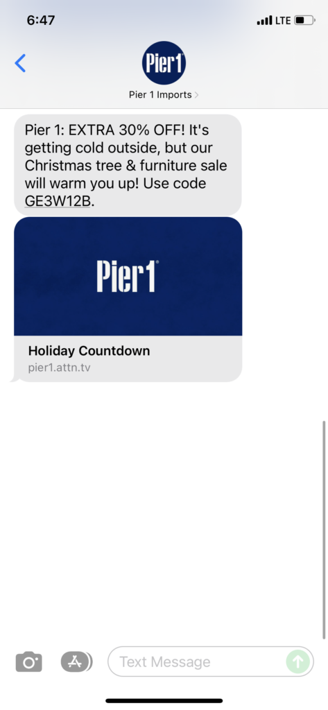 Pier 1 Text Message Marketing Example - 12.03.2021