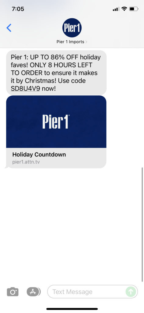Pier 1 Text Message Marketing Example - 12.10.2021