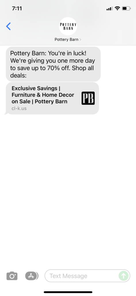 Pottery Barn Text Message Marketing Example - 12.10.2021