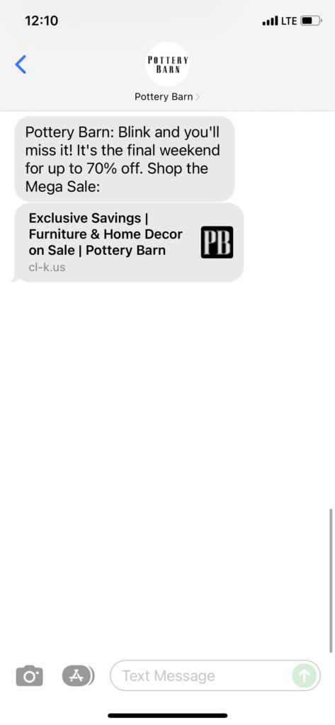 Pottery Barn Text Message Marketing Example - 12.17.2021