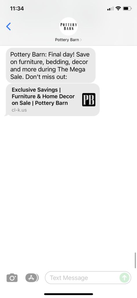 Pottery Barn Text Message Marketing Example - 12.19.2021