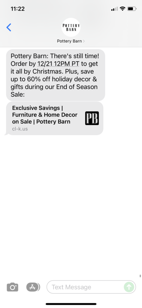 Pottery Barn Text Message Marketing Example - 12.20.2021