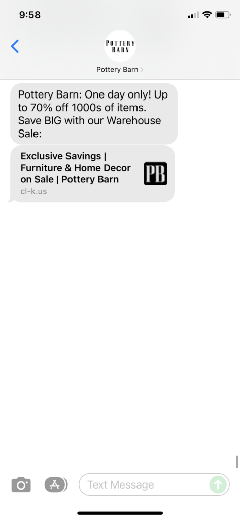 Pottery Barn Text Message Marketing Example - 12.28.2021