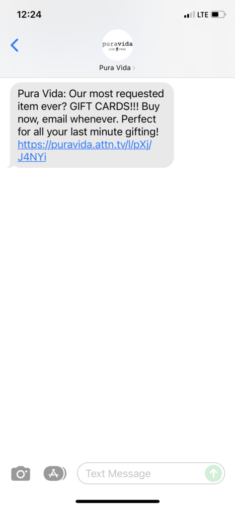Pura Vida Text Message Marketing Example - 12.16.2021