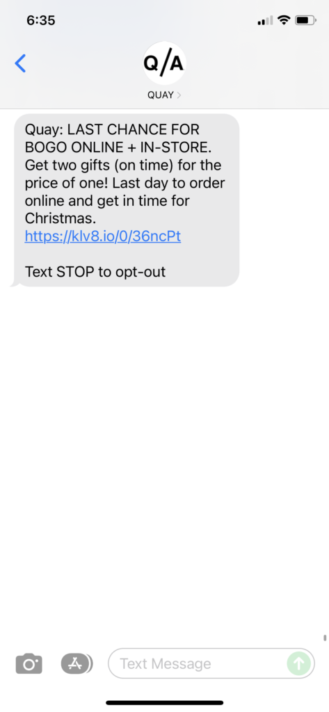 Quay Text Message Marketing Example - 12.12.2021