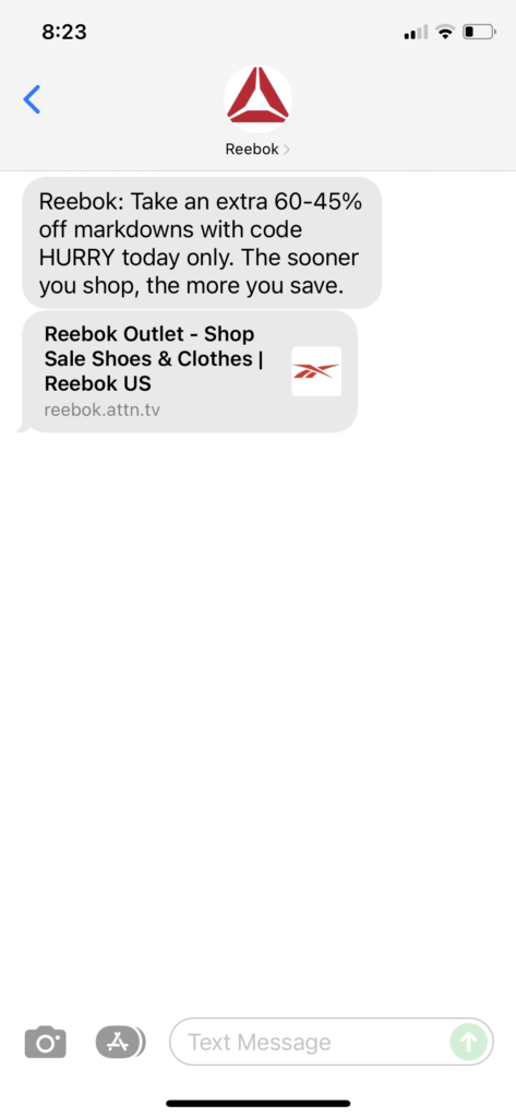 Reebok Text Message Marketing Example - 12.08.2021