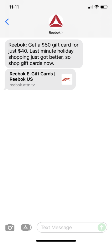 Reebok Text Message Marketing Example - 12.23.2021