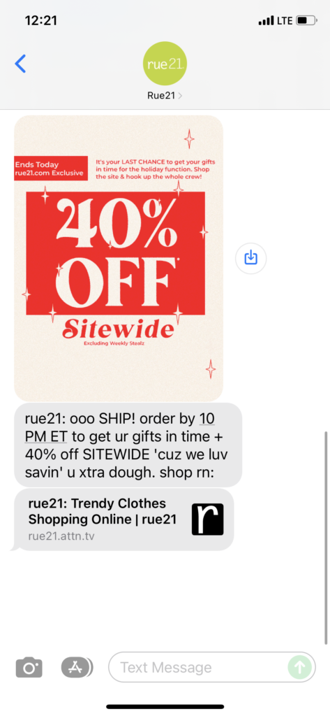 Rue21 Text Message Marketing Example - 12.16.2021