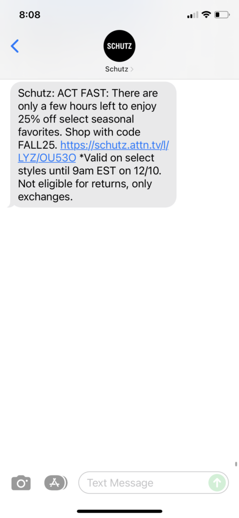 Schutz Text Message Marketing Example - 12.09.2021