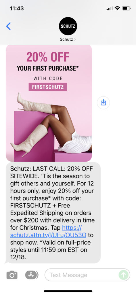 Schutz Text Message Marketing Example - 12.18.2021