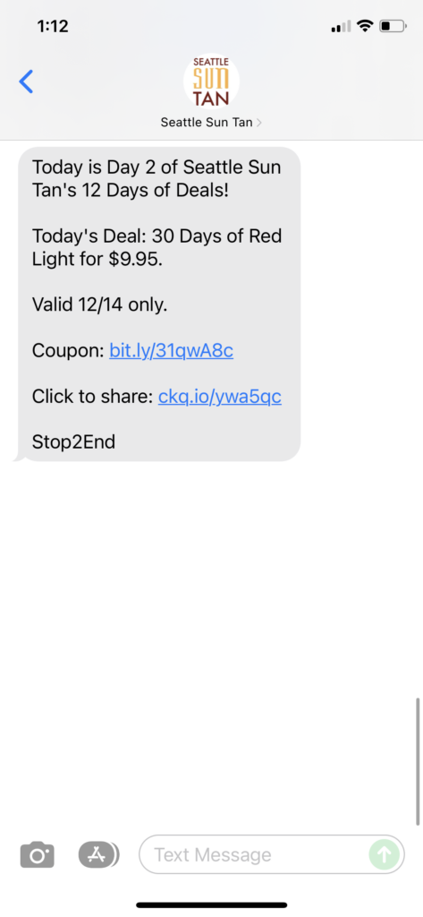 Seattle Sun Tan Text Message Marketing Example - 12.14.2021