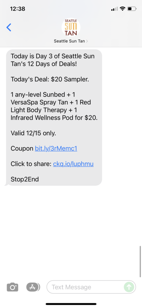 Seattle Sun Tan Text Message Marketing Example - 12.15.2021