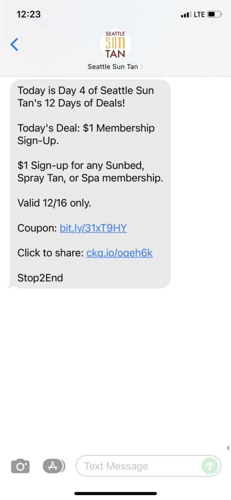 Seattle Sun Tan Text Message Marketing Example - 12.16.2021