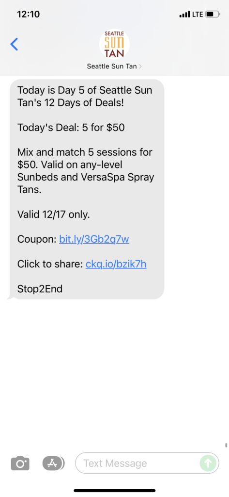 Seattle Sun Tan Text Message Marketing Example - 12.17.2021