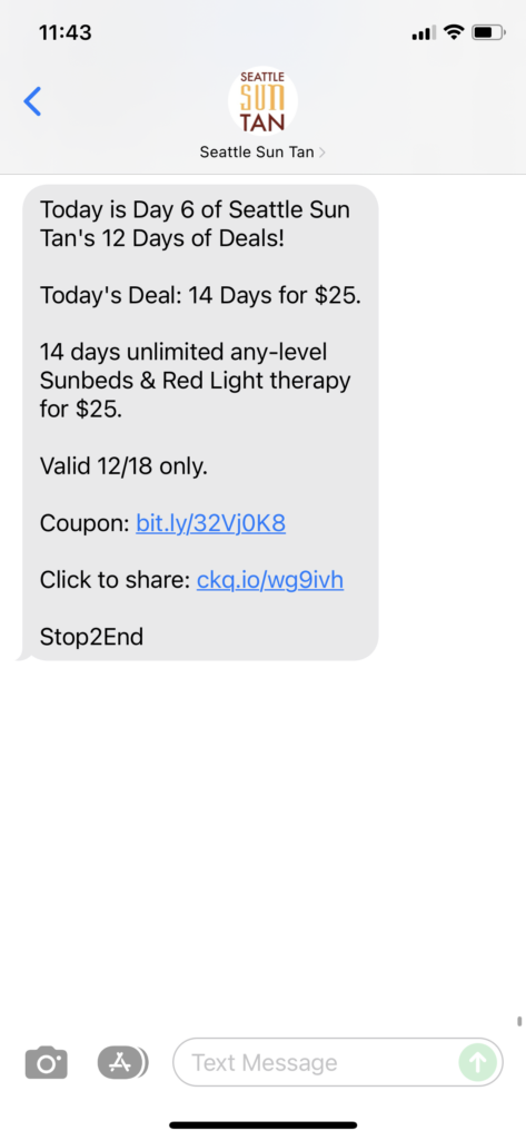Seattle Sun Tan Text Message Marketing Example - 12.18.2021