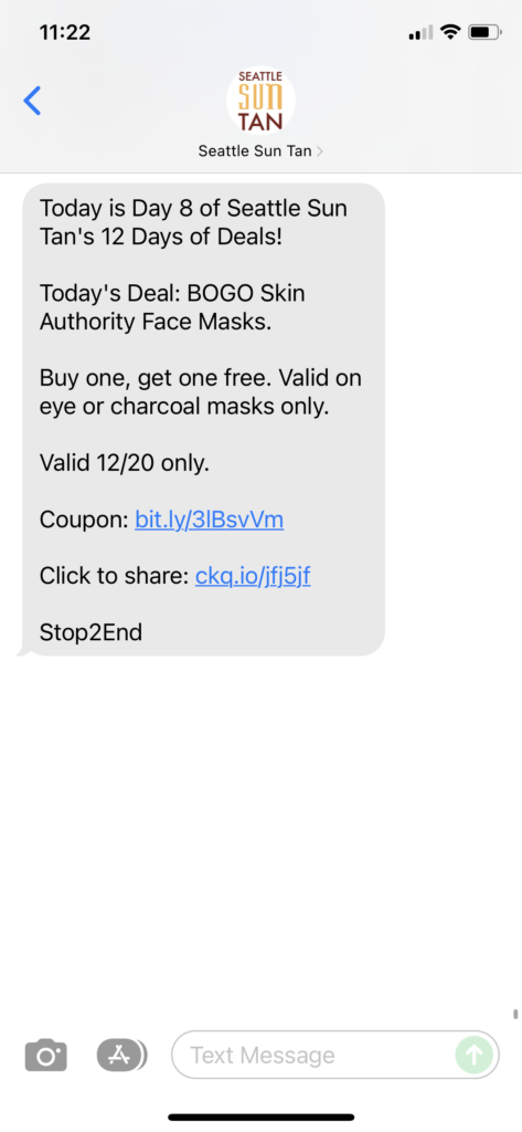 Seattle Sun Tan Text Message Marketing Example - 12.20.2021