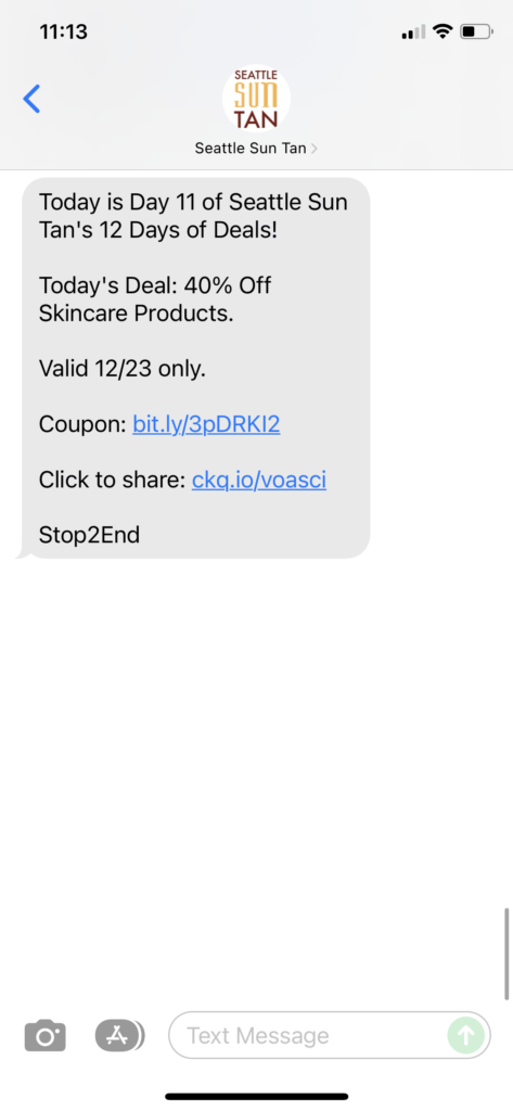 Seattle Sun Tan Text Message Marketing Example - 12.23.2021