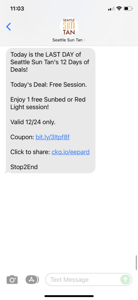 Seattle Sun Tan Text Message Marketing Example - 12.24.2021