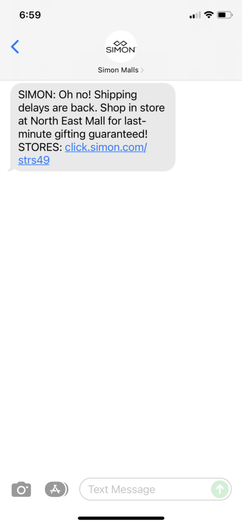 Simon Malls Text Message Marketing Example - 12.11.2021