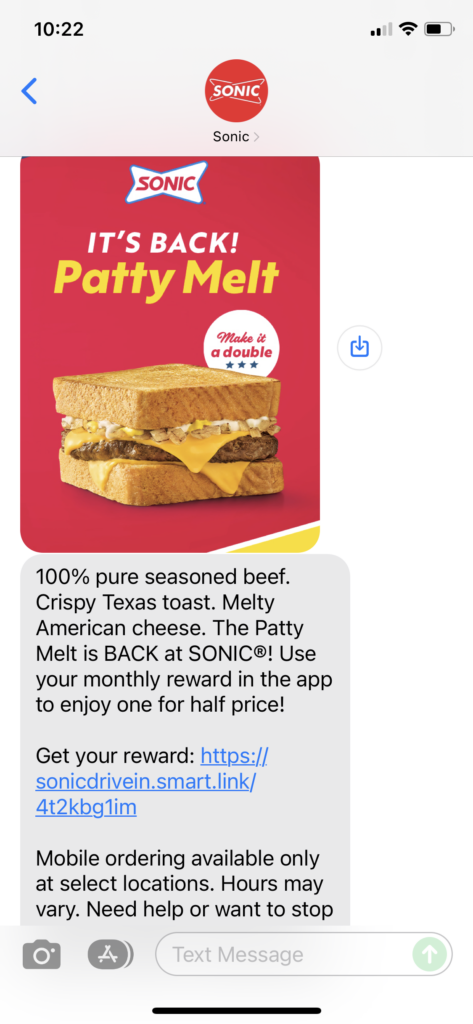 Sonic Text Message Marketing Example - 12.27.2021