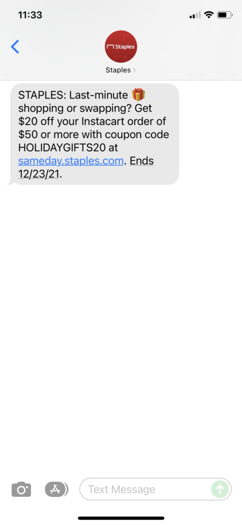Staples Text Message Marketing Example - 12.19.2021