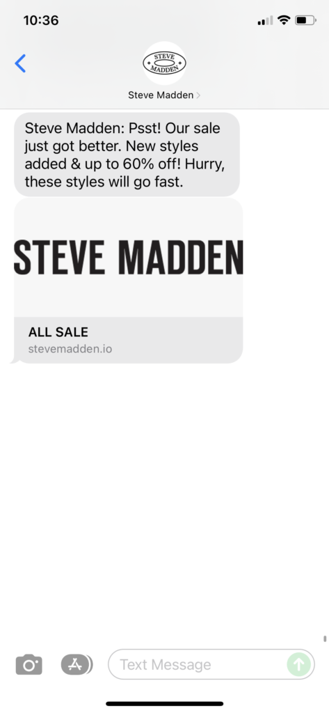 Steve Madden Text Message Marketing Example - 12.26.2021