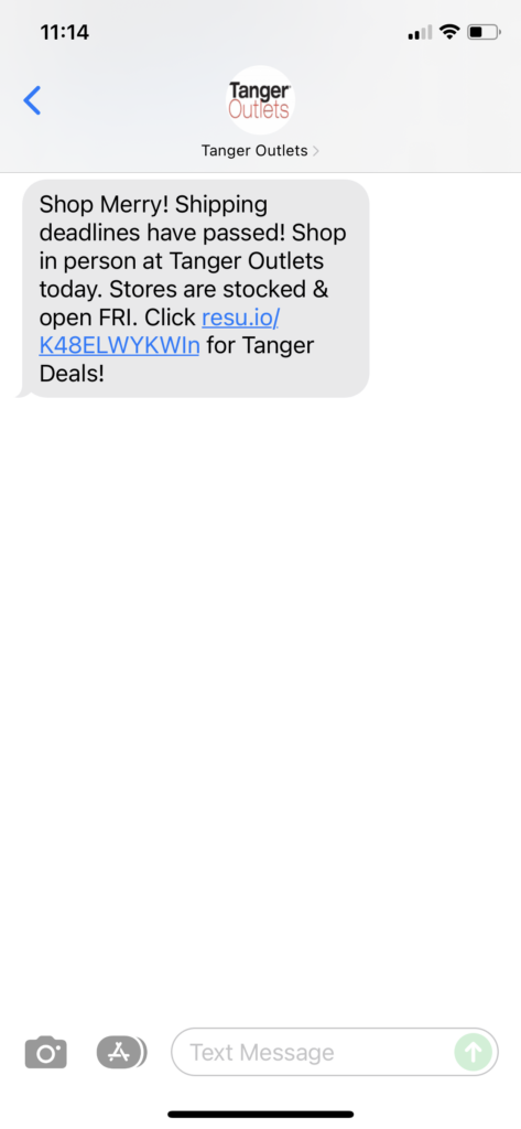 Tanger Outlets Text Message Marketing Example - 12.23.2021