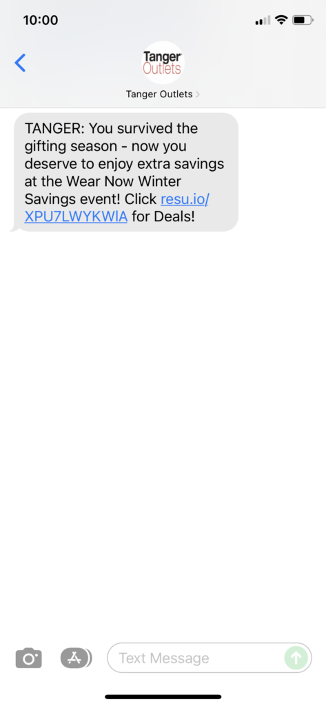 Tanger Outlets Text Message Marketing Example - 12.28.2021