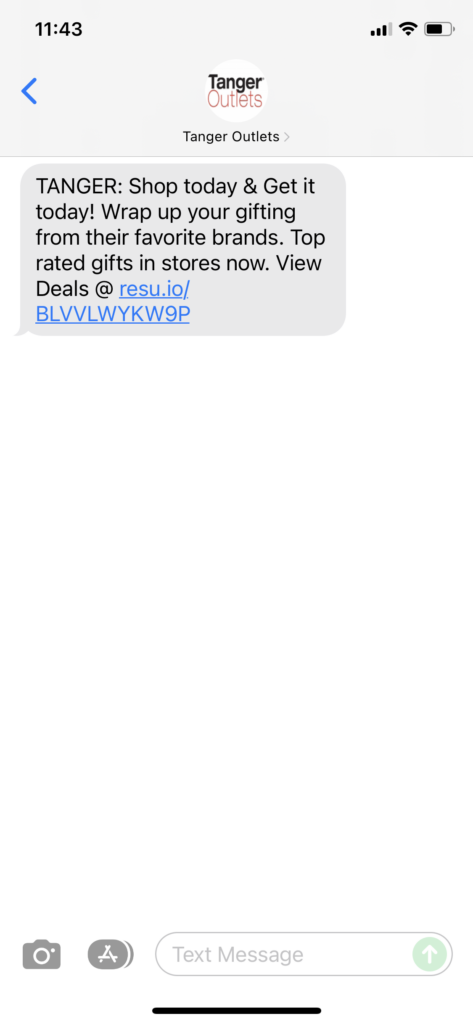 Tanger Text Message Marketing Example - 12.18.2021