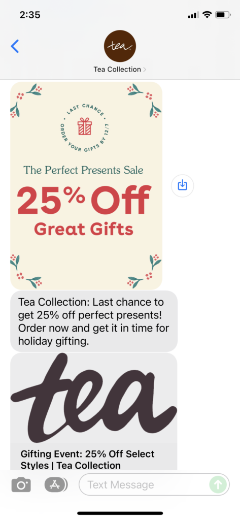 Tea Collections Text Message Marketing Example - 12.06.2021