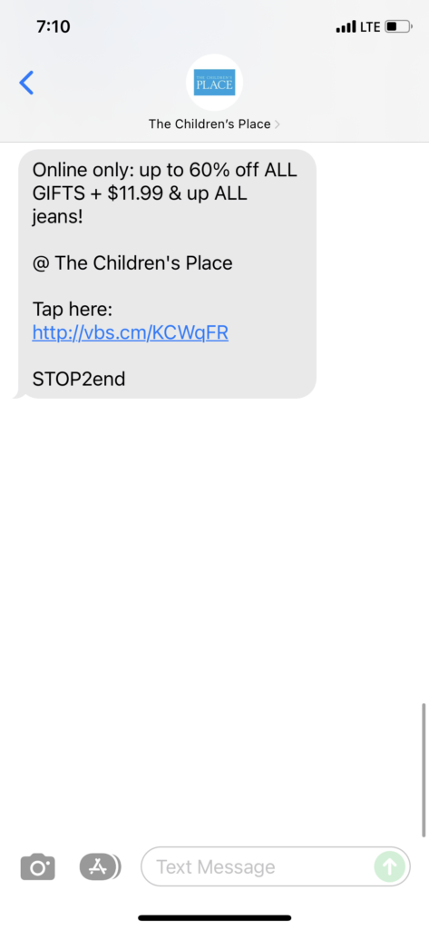 The Children's Place Text Message Marketing Example - 12.01.2021
