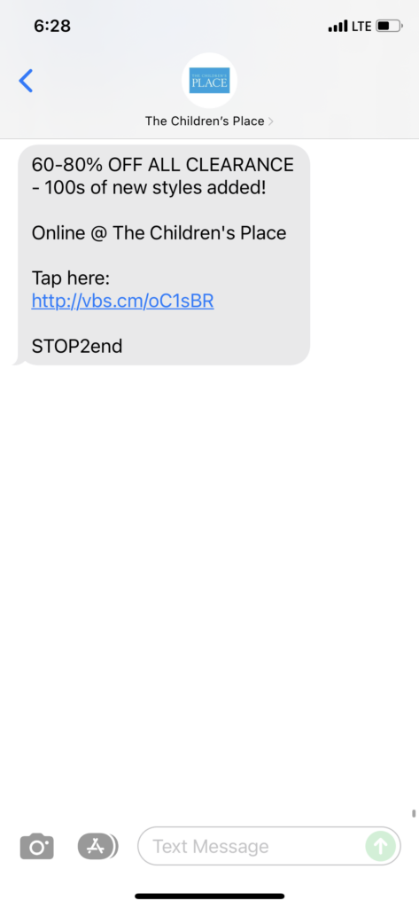 The Children's Place Text Message Marketing Example - 12.04.2021