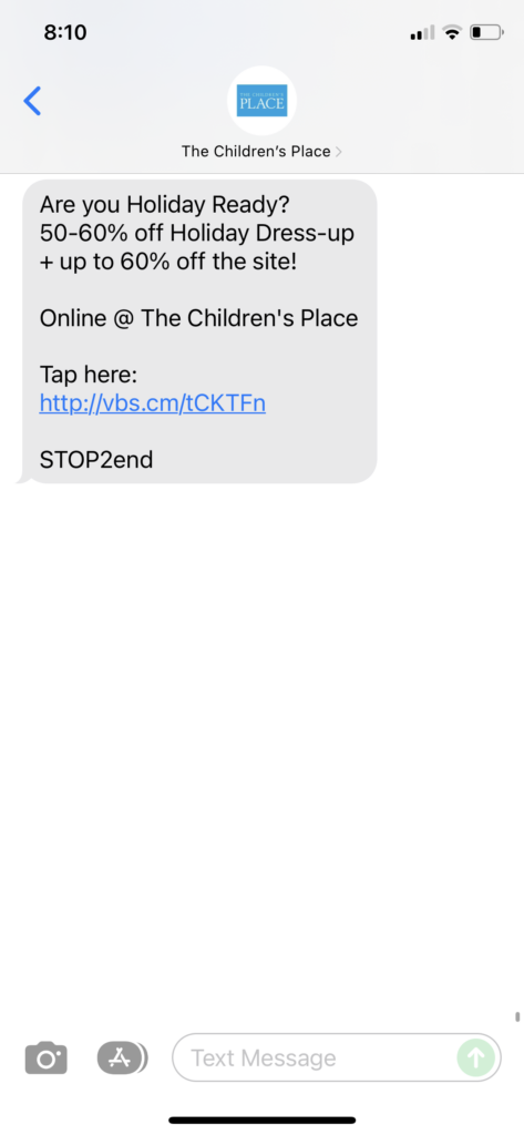 The Children's Place Text Message Marketing Example - 12.08.2021