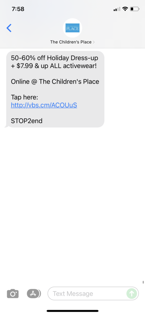 The Children's Place Text Message Marketing Example - 12.09.2021