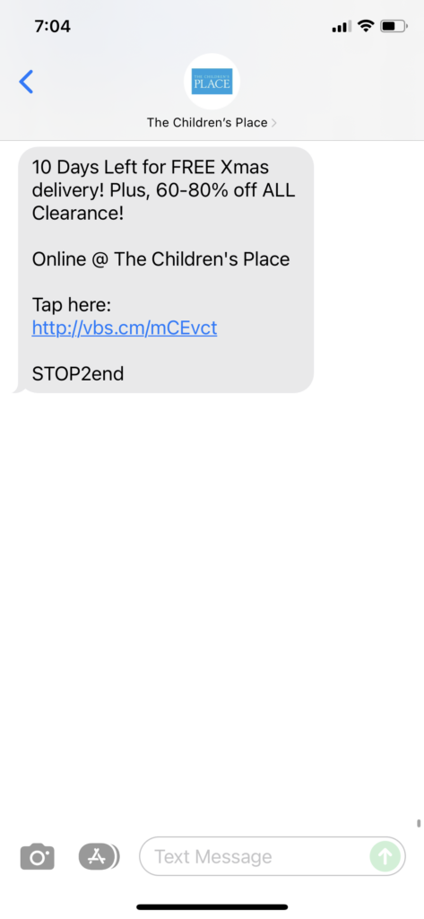 The Children's Place Text Message Marketing Example - 12.10.2021