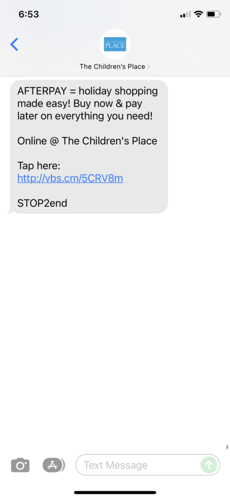 The Children's Place Text Message Marketing Example - 12.11.2021