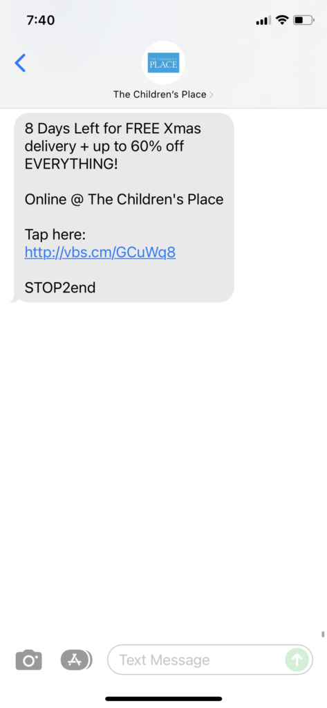 The Children's Place Text Message Marketing Example - 12.12.2021