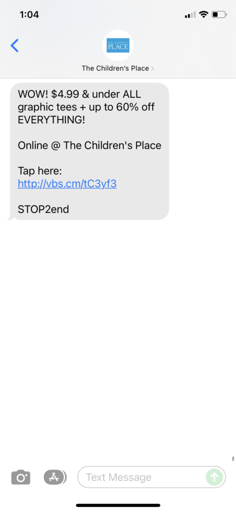 The Children's Place Text Message Marketing Example - 12.14.2021