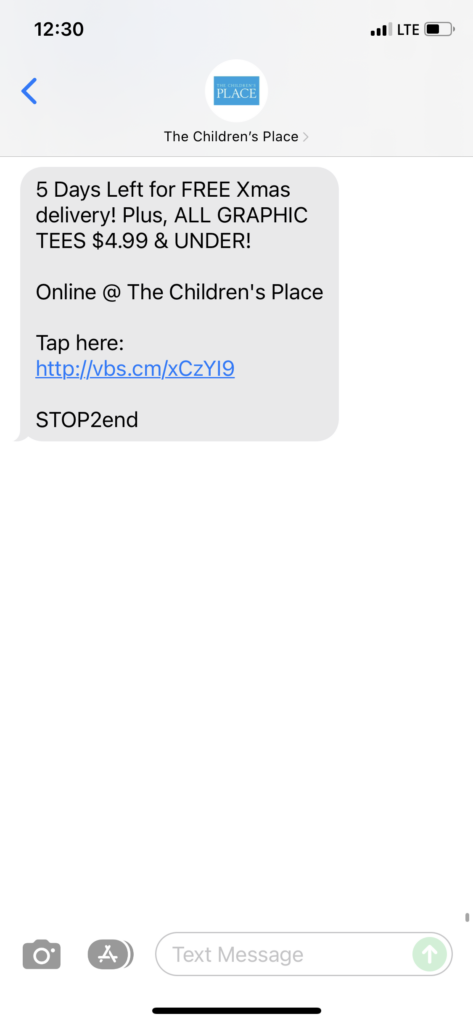 The Children's Place Text Message Marketing Example - 12.15.2021