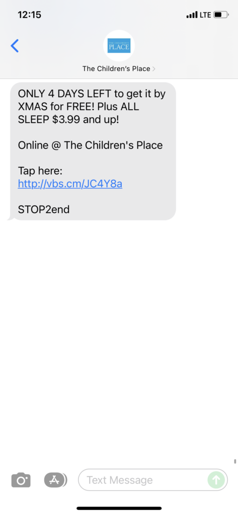 The Children's Place Text Message Marketing Example - 12.16.2021
