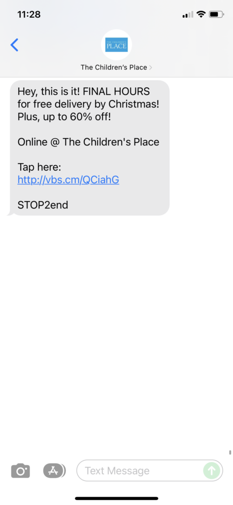 The Children's Place Text Message Marketing Example - 12.19.2021