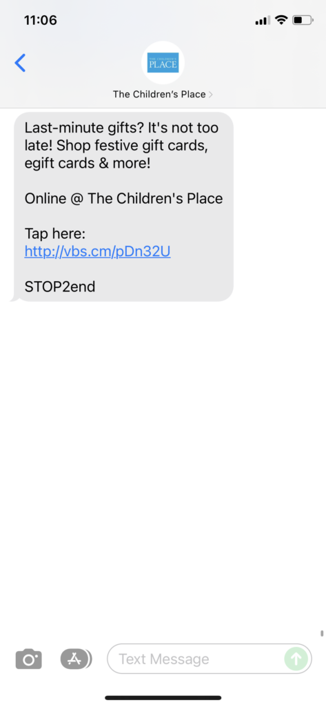 The Children's Place Text Message Marketing Example - 12.23.2021