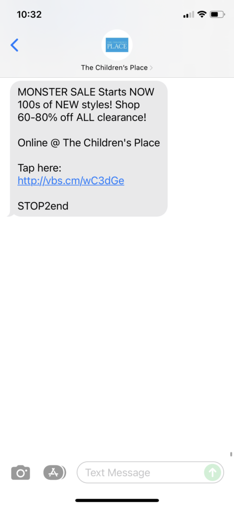 The Children's Place Text Message Marketing Example - 12.26.2021