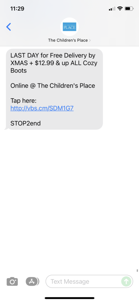 Ther Children's Place Text Message Marketing Example - 12.19.2021