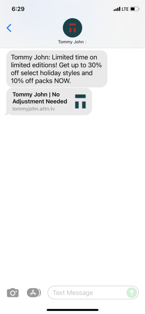Tommy John Text Message Marketing Example - 12.04.2021