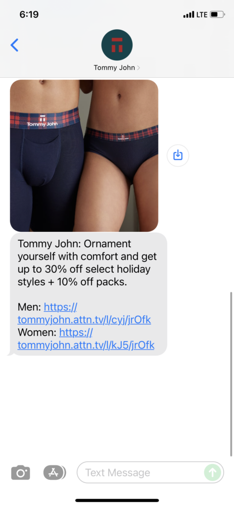 Tommy John Text Message Marketing Example - 12.05.2021