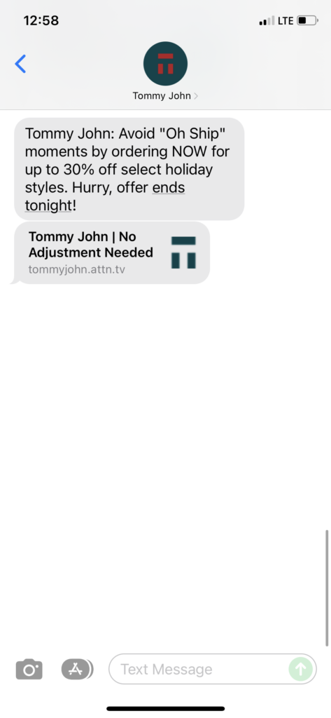 Tommy John Text Message Marketing Example - 12.09.2021
