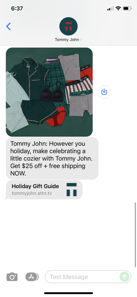 Tommy John Text Message Marketing Example - 12.12.2021