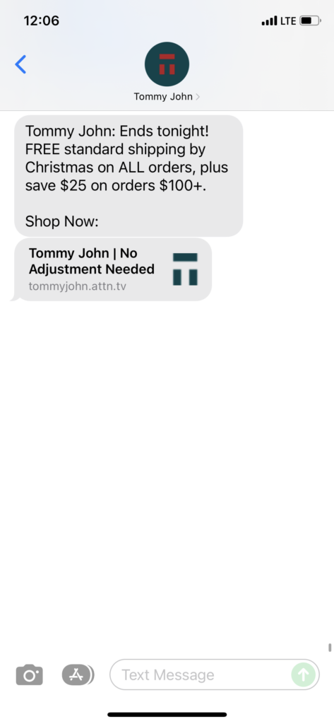 Tommy John Text Message Marketing Example - 12.17.2021