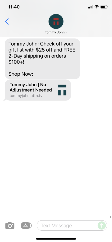Tommy John Text Message Marketing Example - 12.18.2021